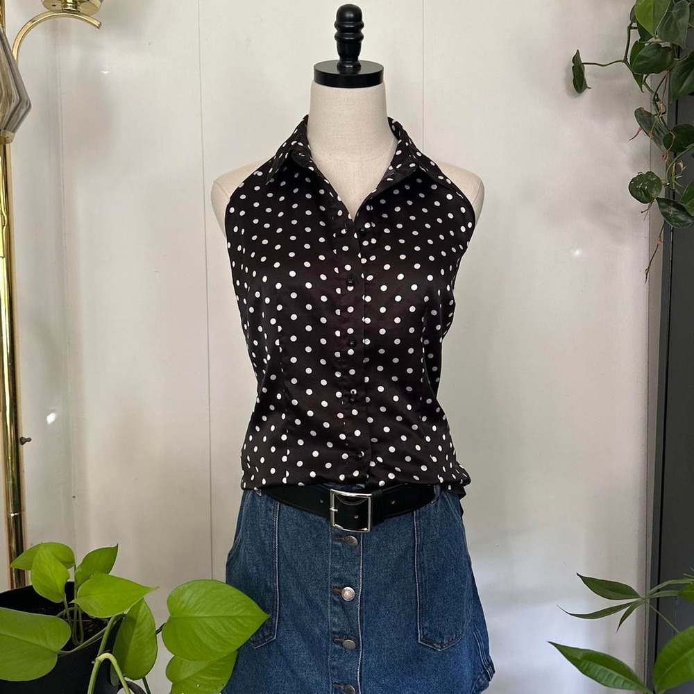 Newport News Polka Dot Collared Halter Top Black White Retro Vibe Size 8
